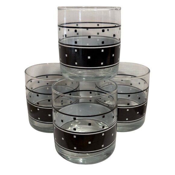 Set Of 4 Retro Black & White Geometric Patterned Glass Tumblers - Picture 1 of 6